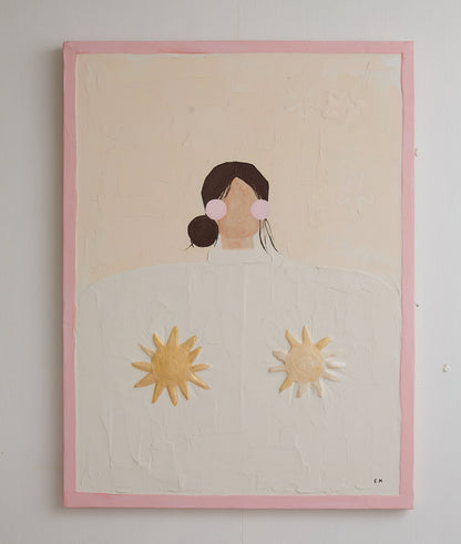 Framed artwork of a stylized portrait with abstract elements on a beige background